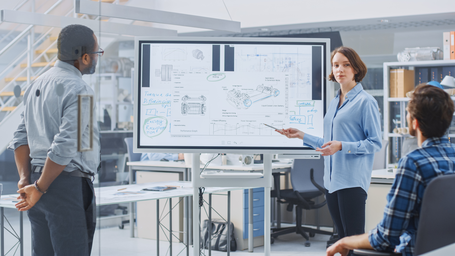 worker using interactive whiteboard with her team